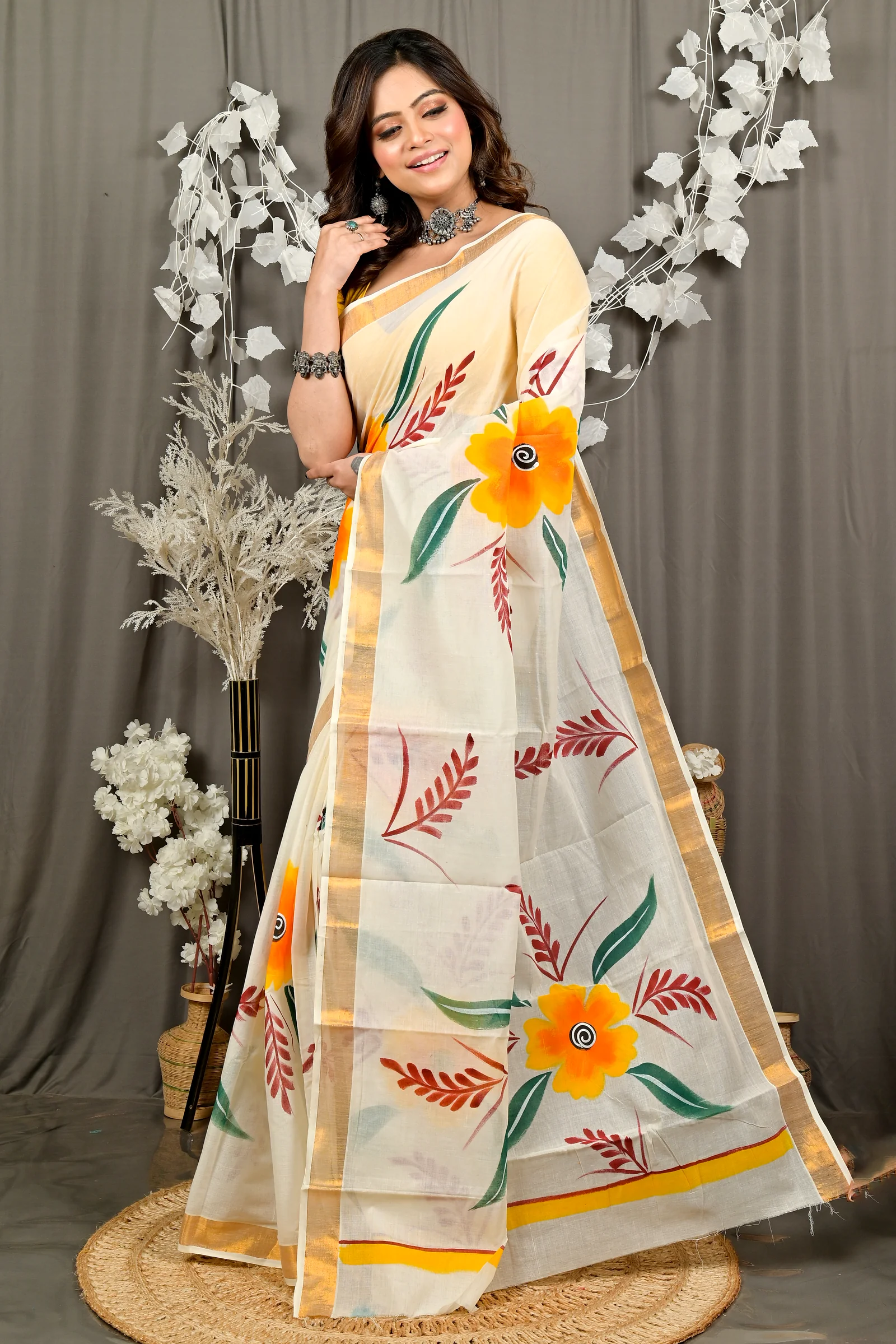 Multi-Coloured Pure Cotton Hataka Hand Painted Saree (9084)