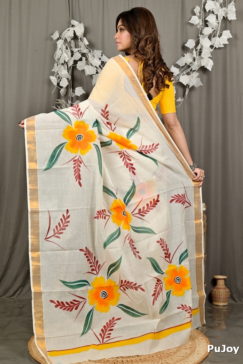 Multi-Coloured Pure Cotton Hataka Hand Painted Saree (9084)