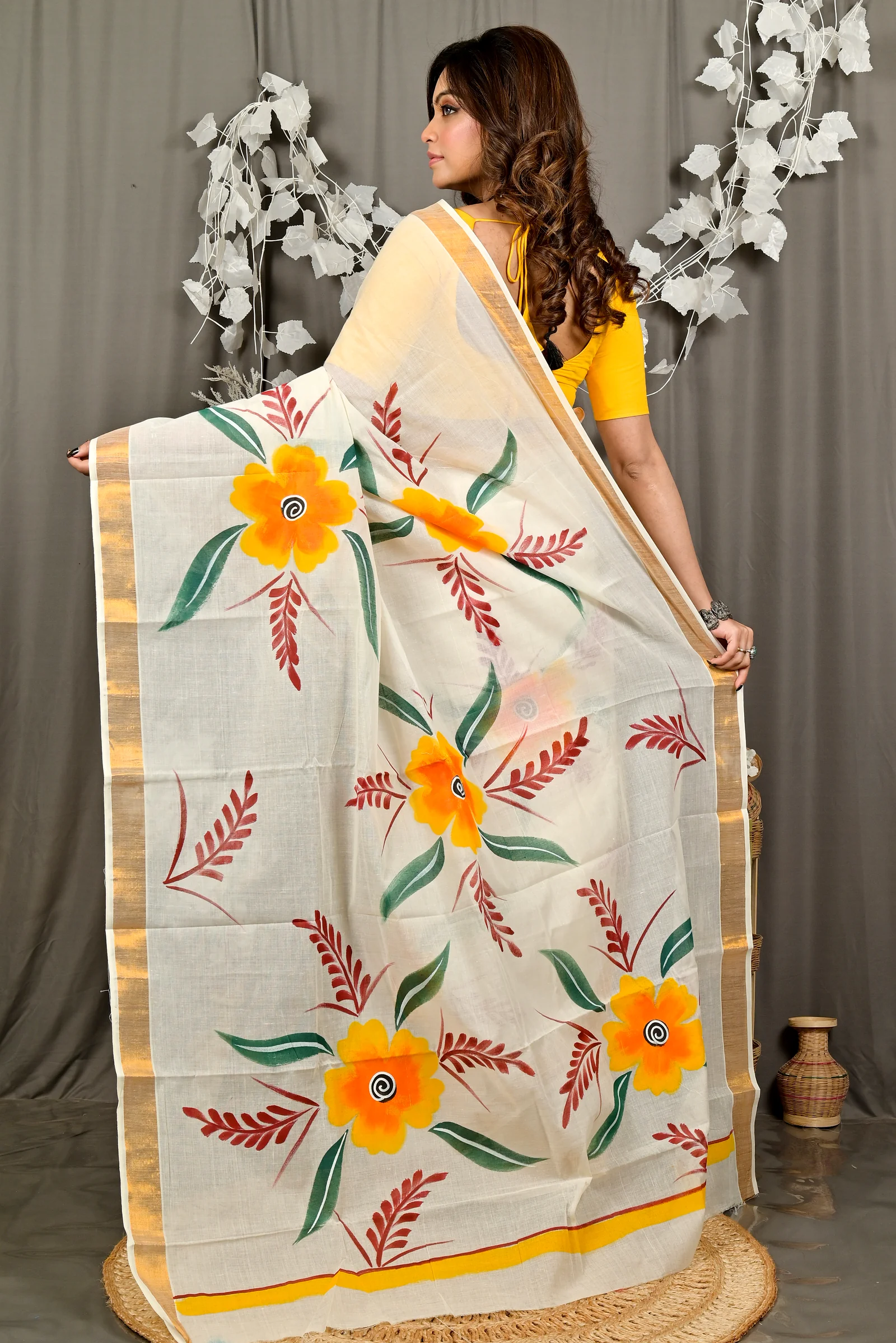 Multi-Coloured Pure Cotton Hataka Hand Painted Saree (9084)