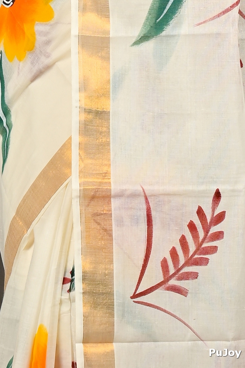 Multi-Coloured Pure Cotton Hataka Hand Painted Saree (9084)