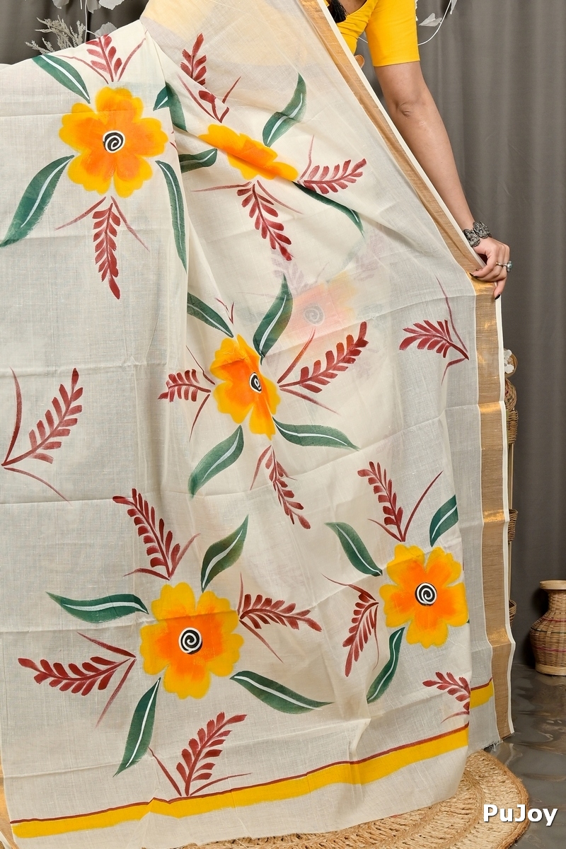 Multi-Coloured Pure Cotton Hataka Hand Painted Saree (9084)