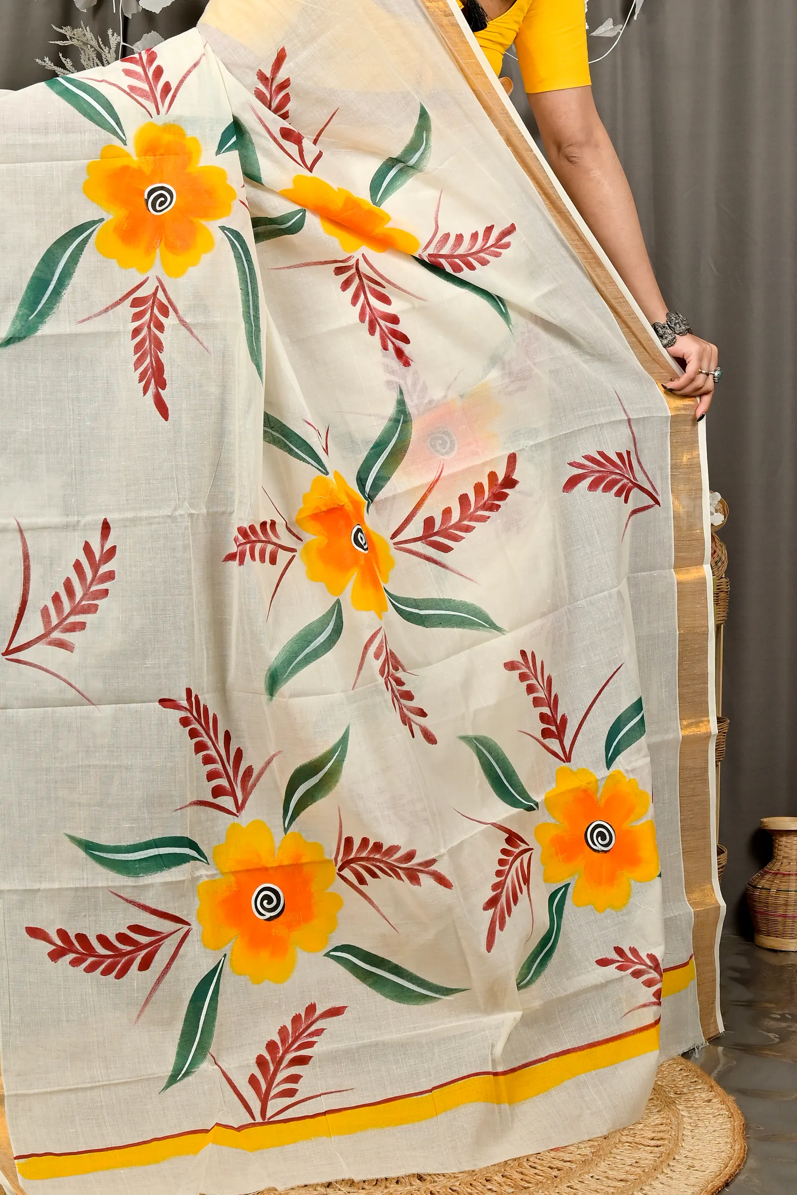 Multi-Coloured Pure Cotton Hataka Hand Painted Saree (9084)