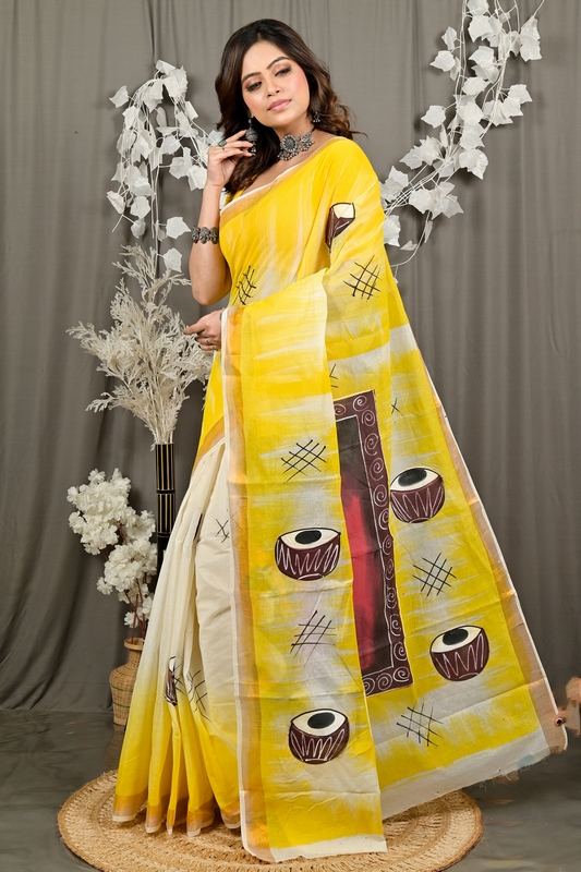 Yellow Pure Cotton Hataka Hand Painted Saree (9085)