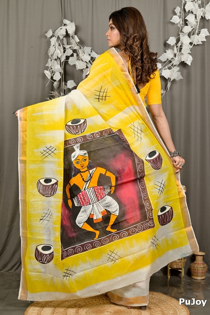Yellow Pure Cotton Hataka Hand Painted Saree (9085)