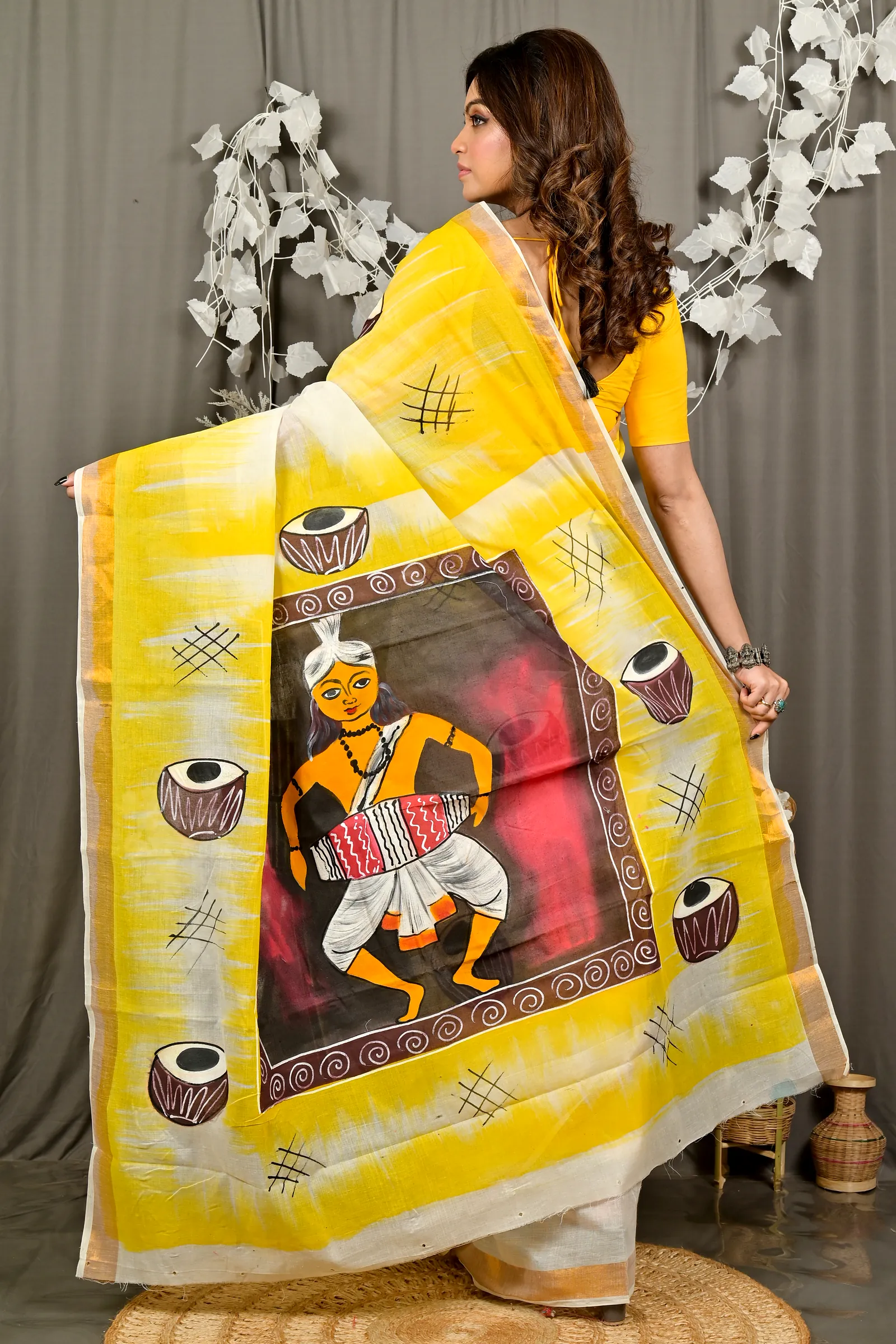 Yellow Pure Cotton Hataka Hand Painted Saree (9085)
