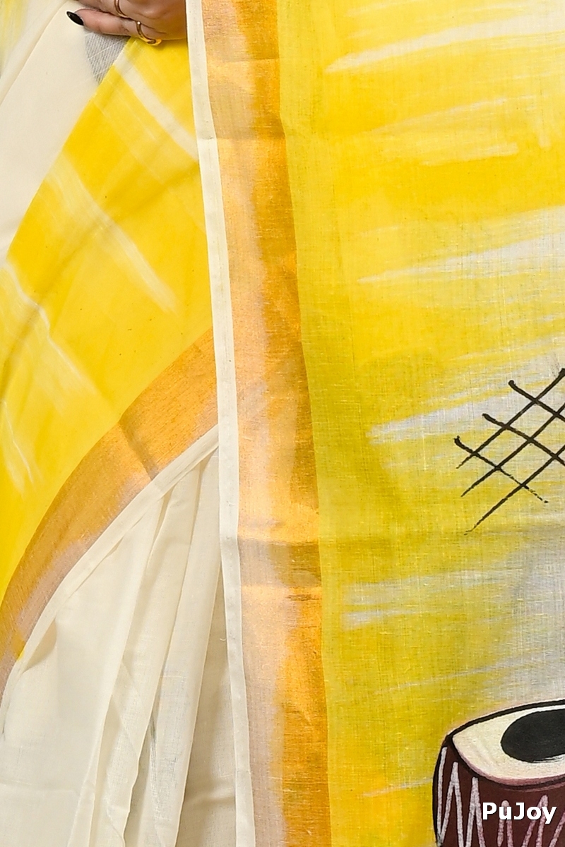 Yellow Pure Cotton Hataka Hand Painted Saree (9085)