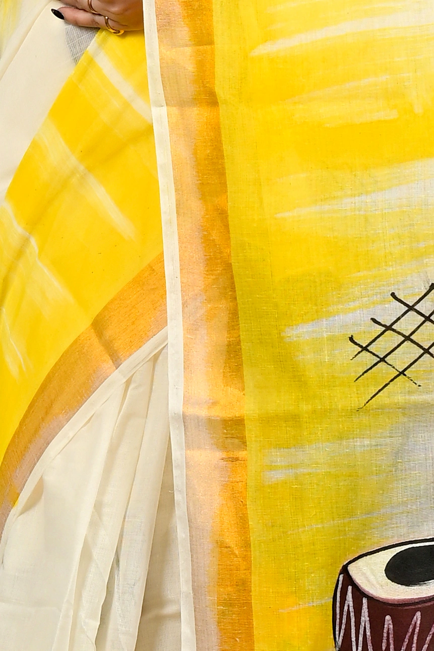 Yellow Pure Cotton Hataka Hand Painted Saree (9085)