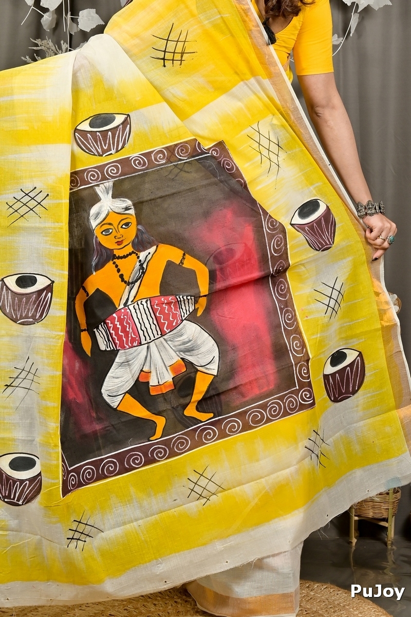 Yellow Pure Cotton Hataka Hand Painted Saree (9085)
