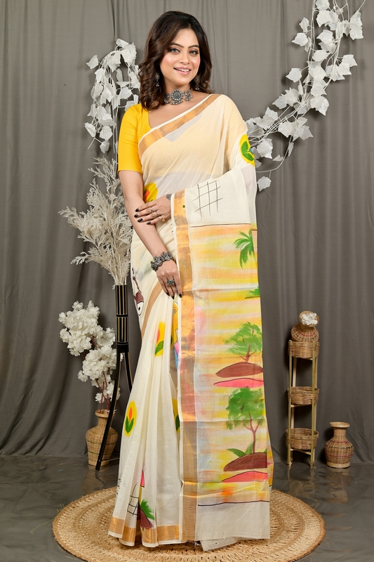Multi-Coloured Pure Cotton Hataka Hand Painted Saree (9086)