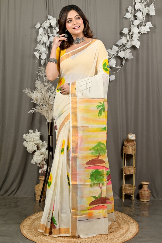 Multi-Coloured Pure Cotton Hataka Hand Painted Saree (9086)