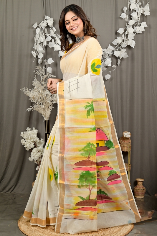 Multi-Coloured Pure Cotton Hataka Hand Painted Saree (9086)