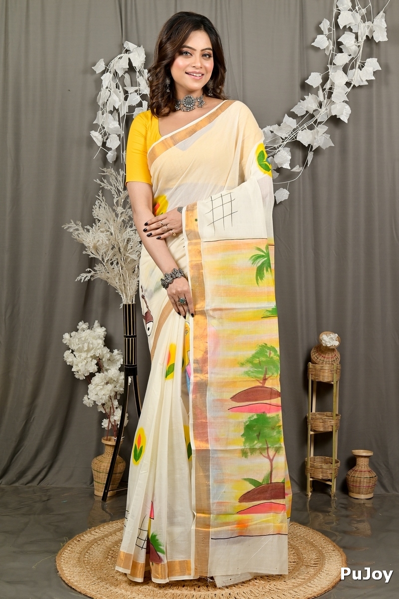 Multi-Coloured Pure Cotton Hataka Hand Painted Saree (9086)