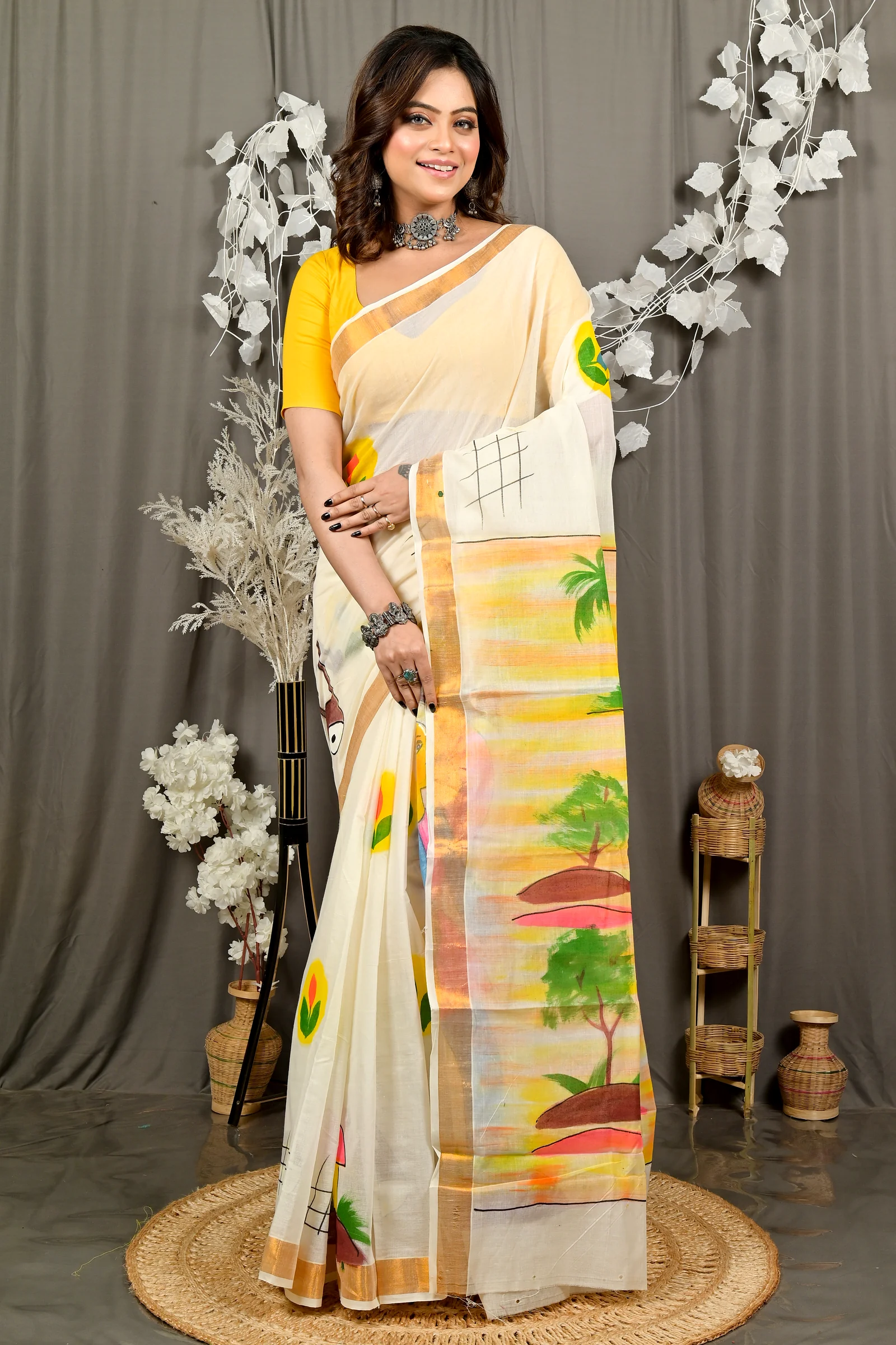 Multi-Coloured Pure Cotton Hataka Hand Painted Saree (9086)