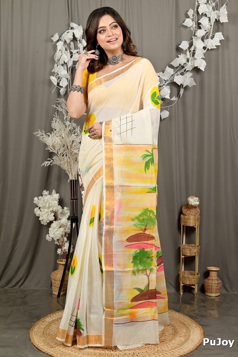 Multi-Coloured Pure Cotton Hataka Hand Painted Saree (9086)