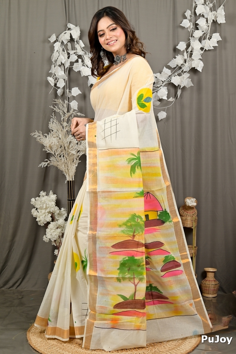 Multi-Coloured Pure Cotton Hataka Hand Painted Saree (9086)