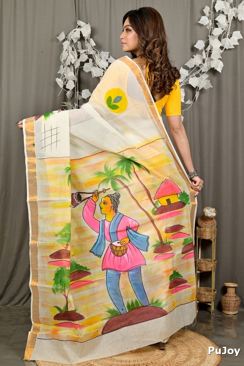 Multi-Coloured Pure Cotton Hataka Hand Painted Saree (9086)