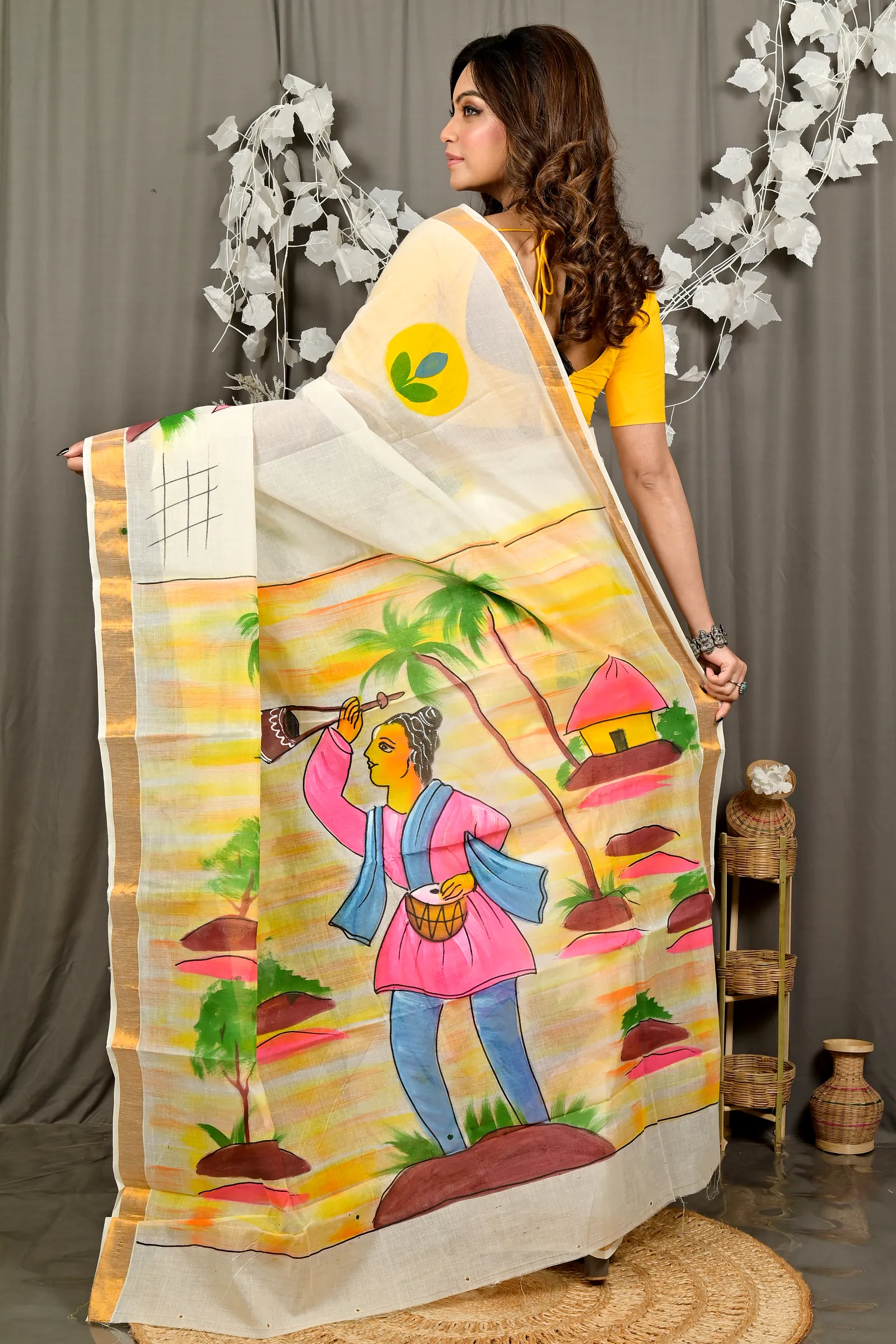 Multi-Coloured Pure Cotton Hataka Hand Painted Saree (9086)
