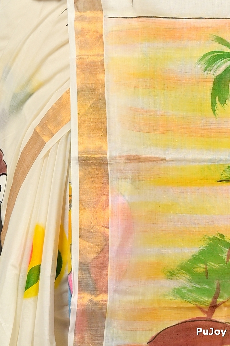 Multi-Coloured Pure Cotton Hataka Hand Painted Saree (9086)