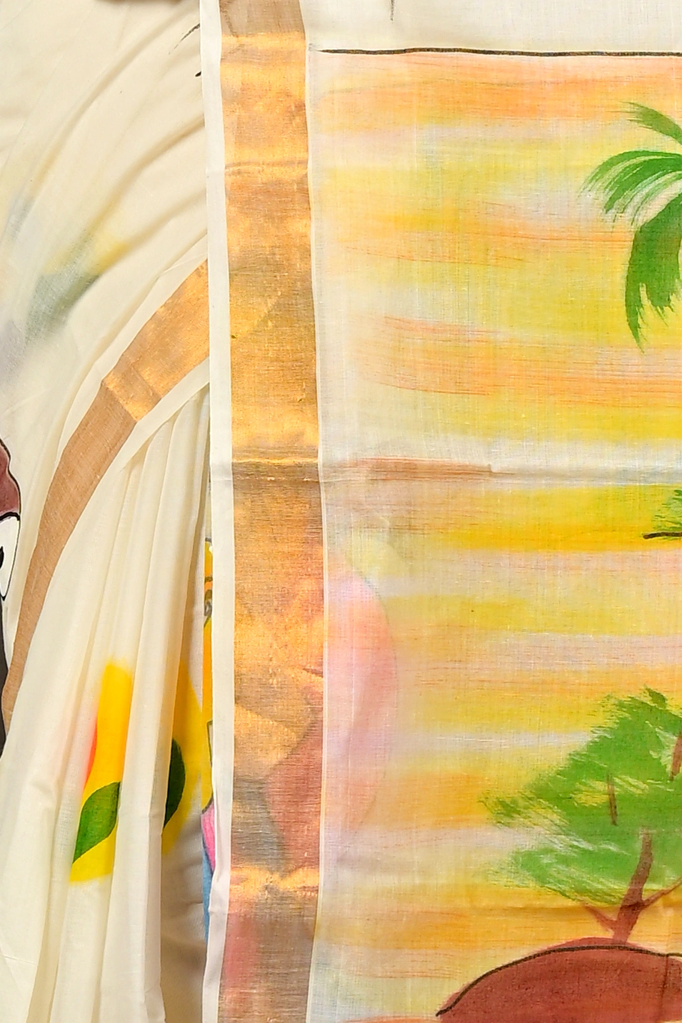 Multi-Coloured Pure Cotton Hataka Hand Painted Saree (9086)
