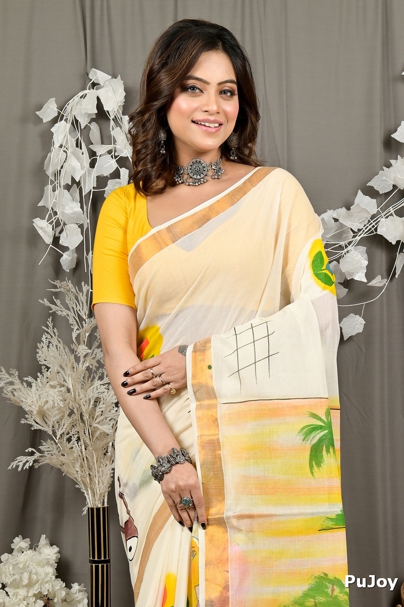 Multi-Coloured Pure Cotton Hataka Hand Painted Saree (9086)