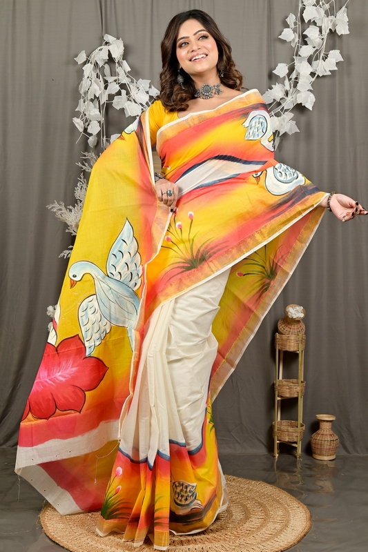 Yellow Pure Cotton Hataka Hand Painted Saree (9087)