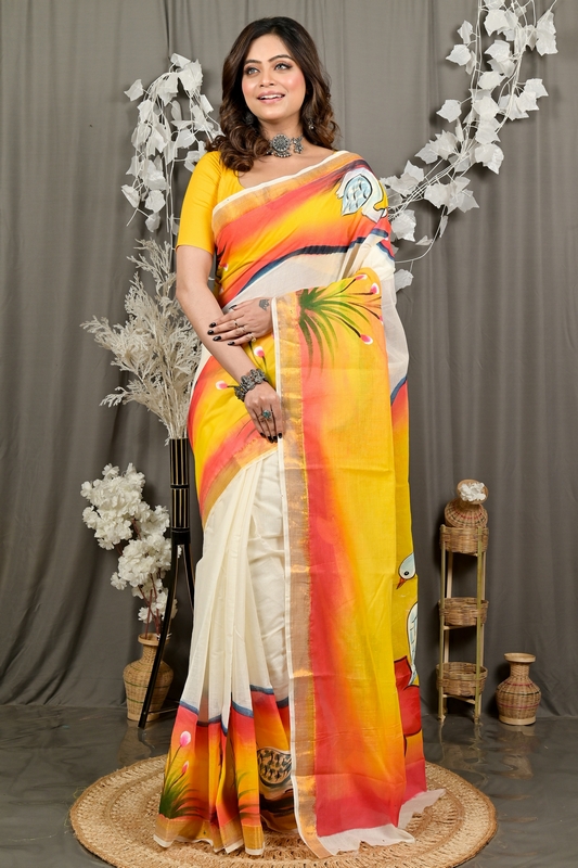 Yellow Pure Cotton Hataka Hand Painted Saree (9087)