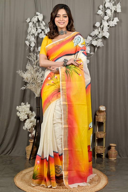 Yellow Pure Cotton Hataka Hand Painted Saree (9087)
