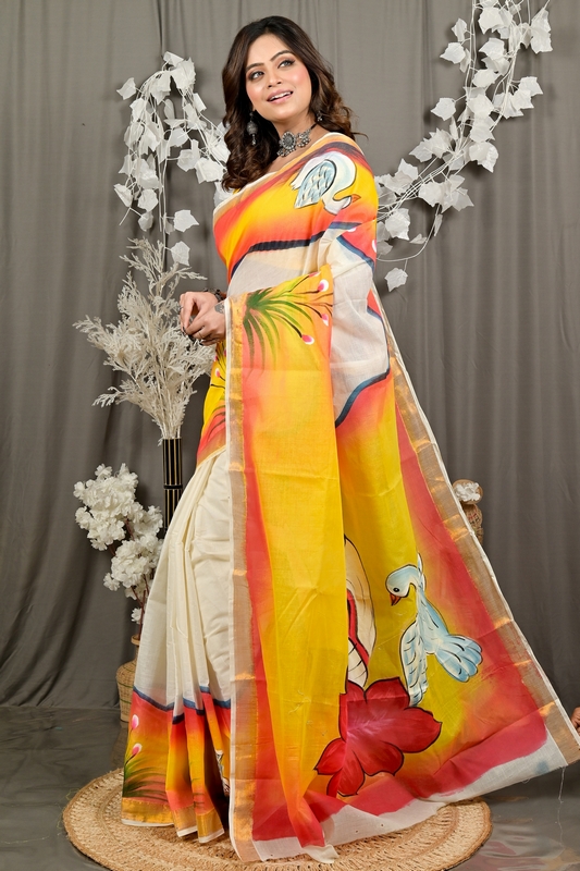 Yellow Pure Cotton Hataka Hand Painted Saree (9087)