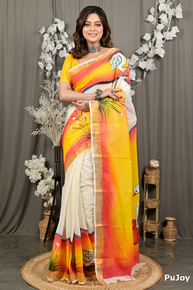 Yellow Pure Cotton Hataka Hand Painted Saree (9087)