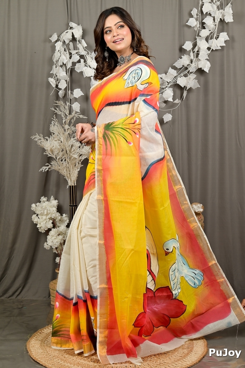 Yellow Pure Cotton Hataka Hand Painted Saree (9087)