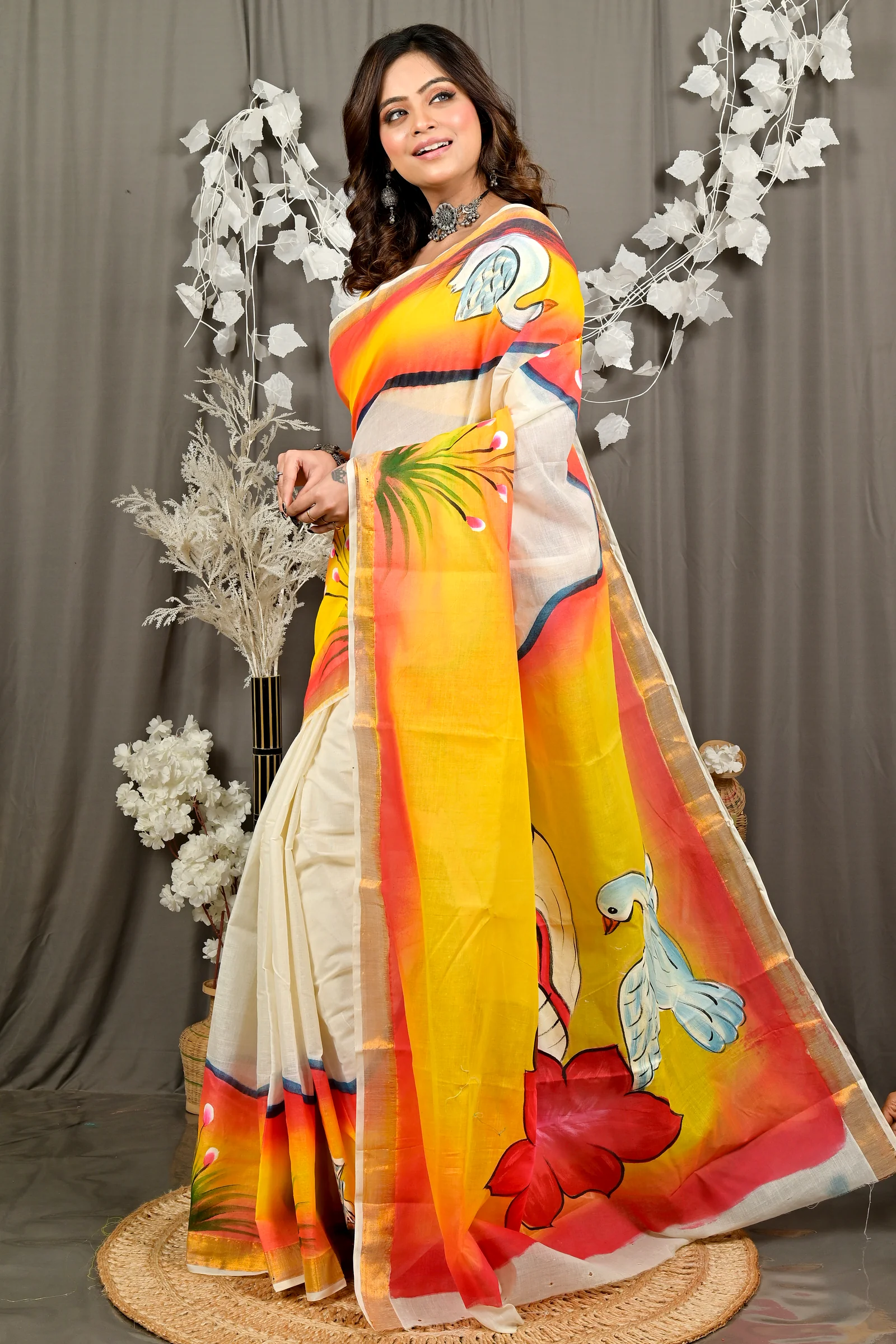 Yellow Pure Cotton Hataka Hand Painted Saree (9087)