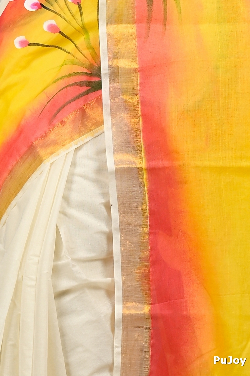 Yellow Pure Cotton Hataka Hand Painted Saree (9087)