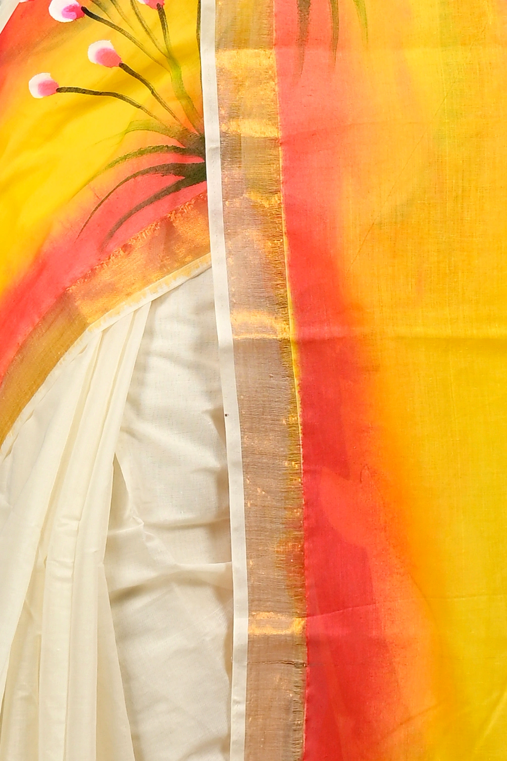 Yellow Pure Cotton Hataka Hand Painted Saree (9087)