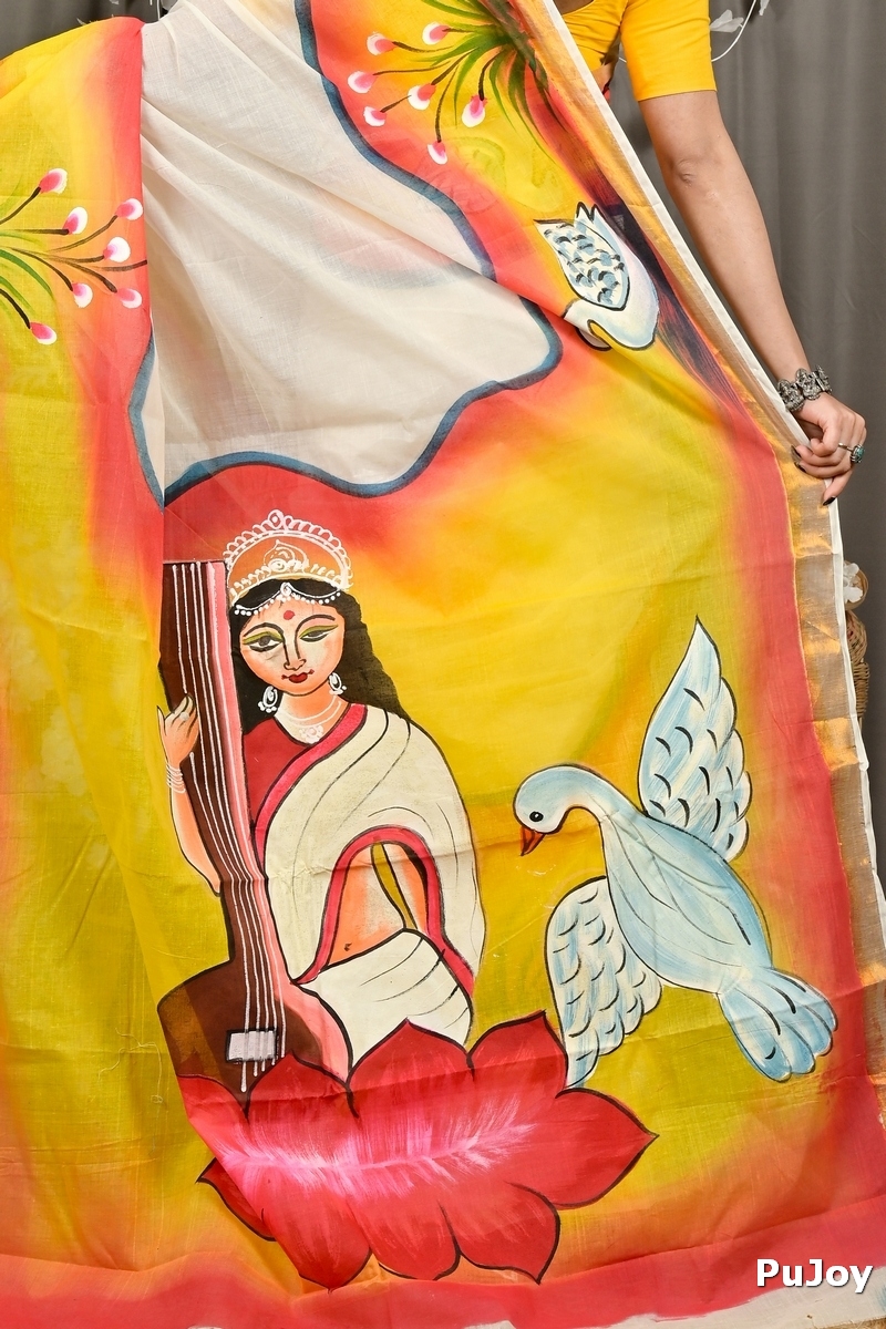 Yellow Pure Cotton Hataka Hand Painted Saree (9087)