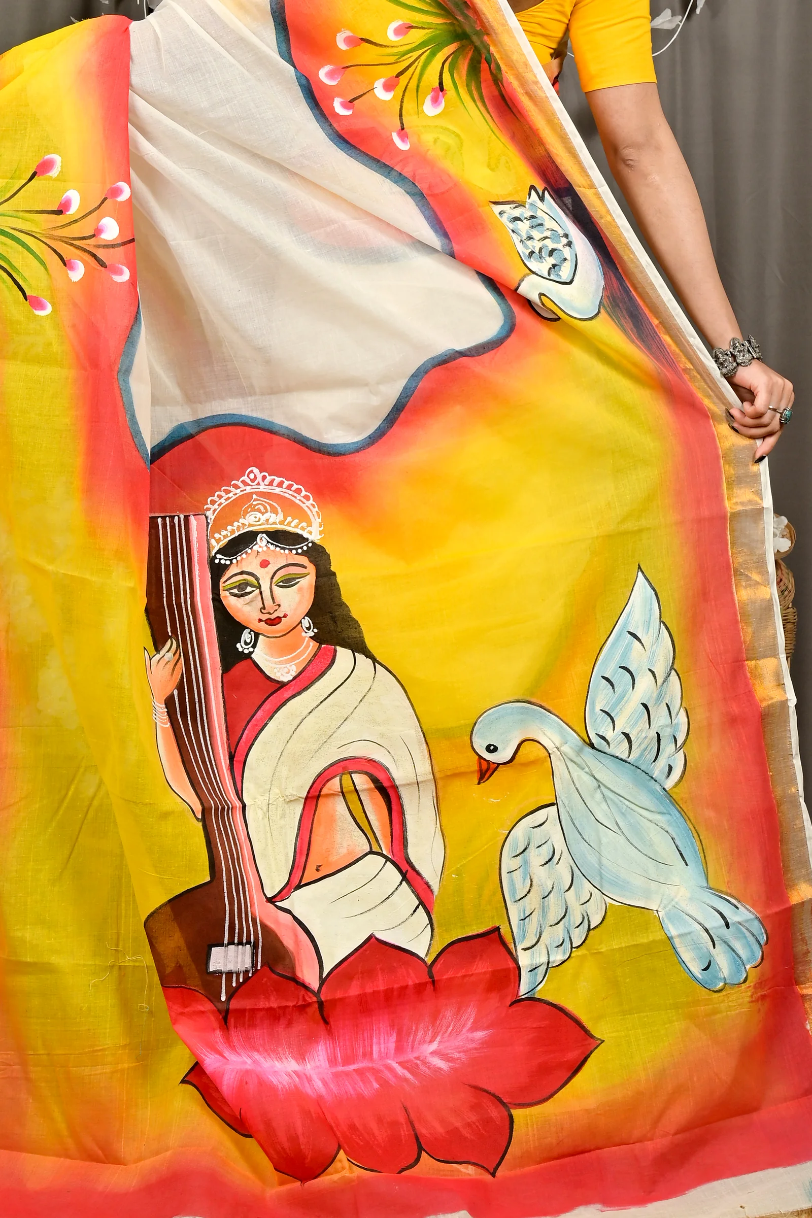 Yellow Pure Cotton Hataka Hand Painted Saree (9087)