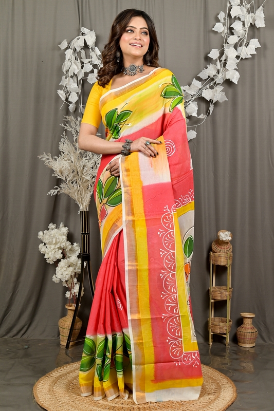 Orange Pure Cotton Hataka Hand Painted Saree (9088)