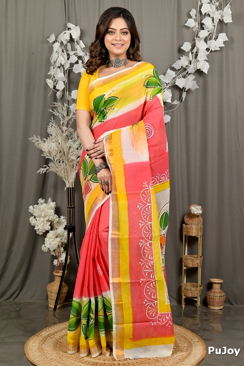 Orange Pure Cotton Hataka Hand Painted Saree (9088)