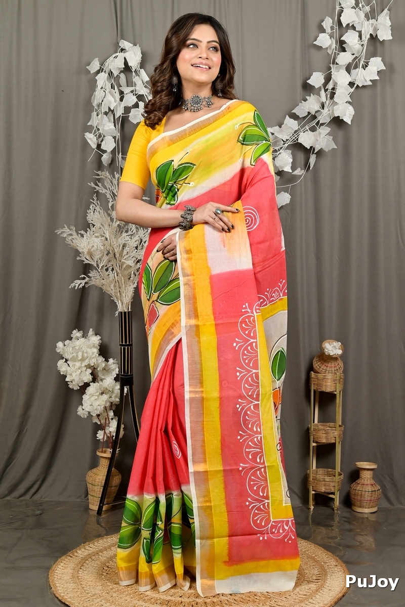 Orange Pure Cotton Hataka Hand Painted Saree (9088)