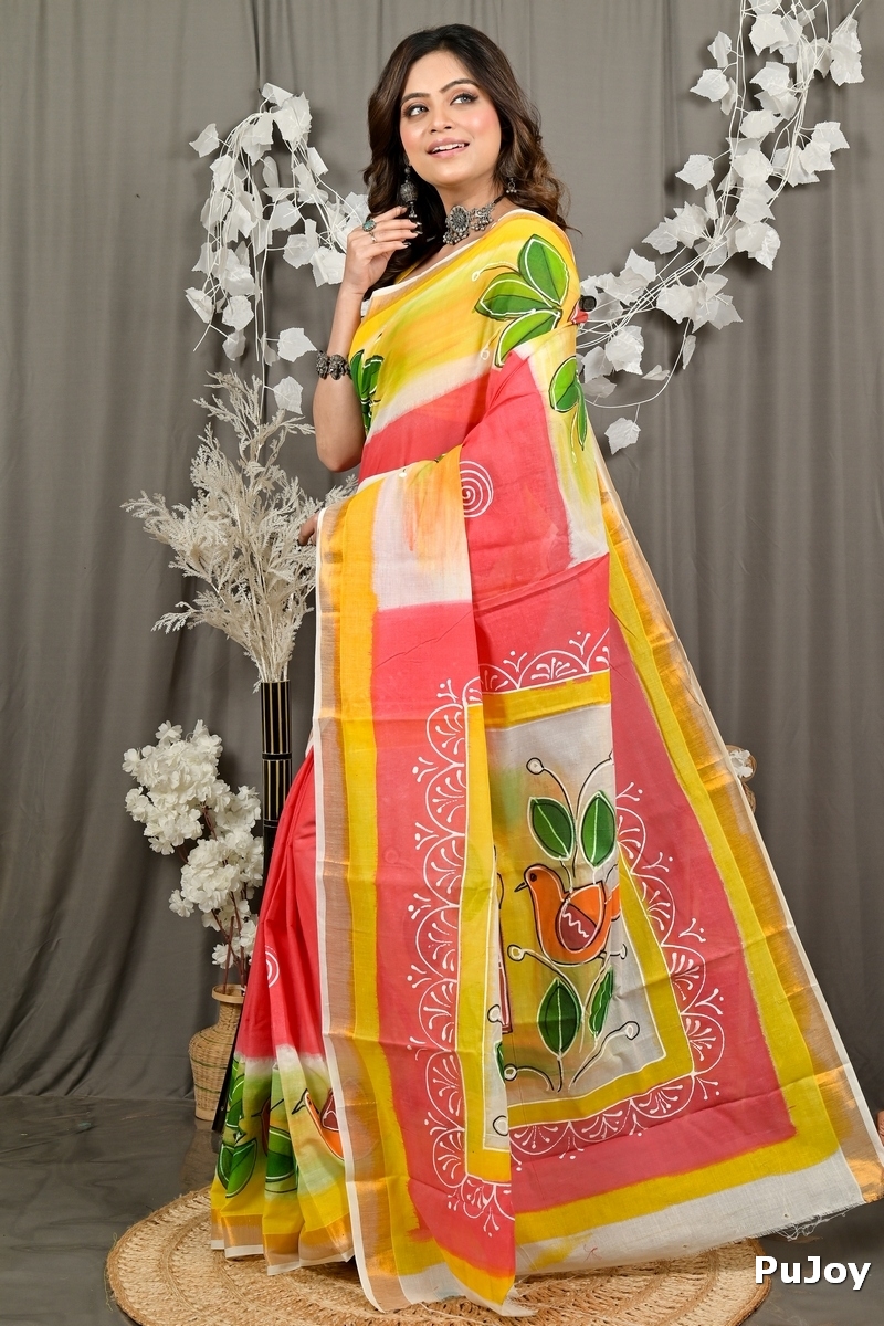Orange Pure Cotton Hataka Hand Painted Saree (9088)