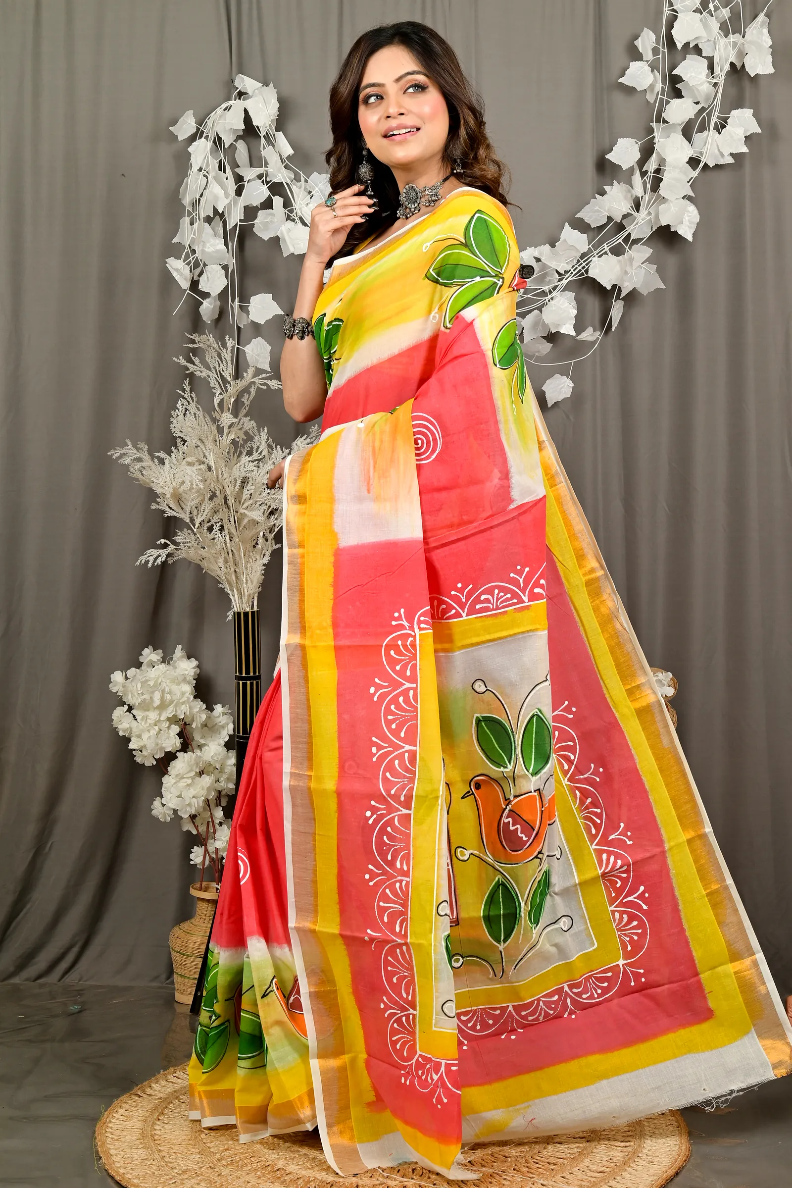 Orange Pure Cotton Hataka Hand Painted Saree (9088)