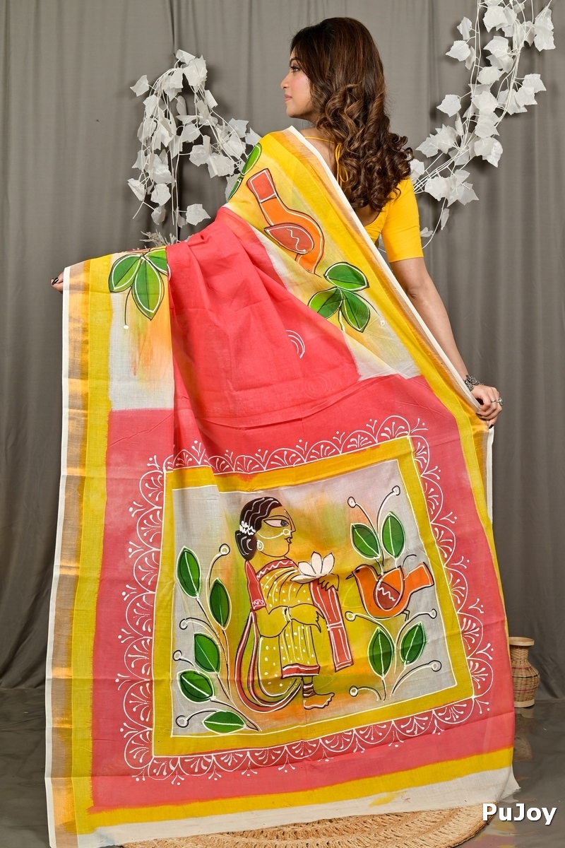 Orange Pure Cotton Hataka Hand Painted Saree (9088)