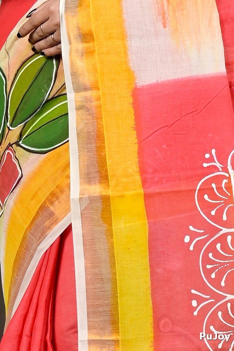 Orange Pure Cotton Hataka Hand Painted Saree (9088)