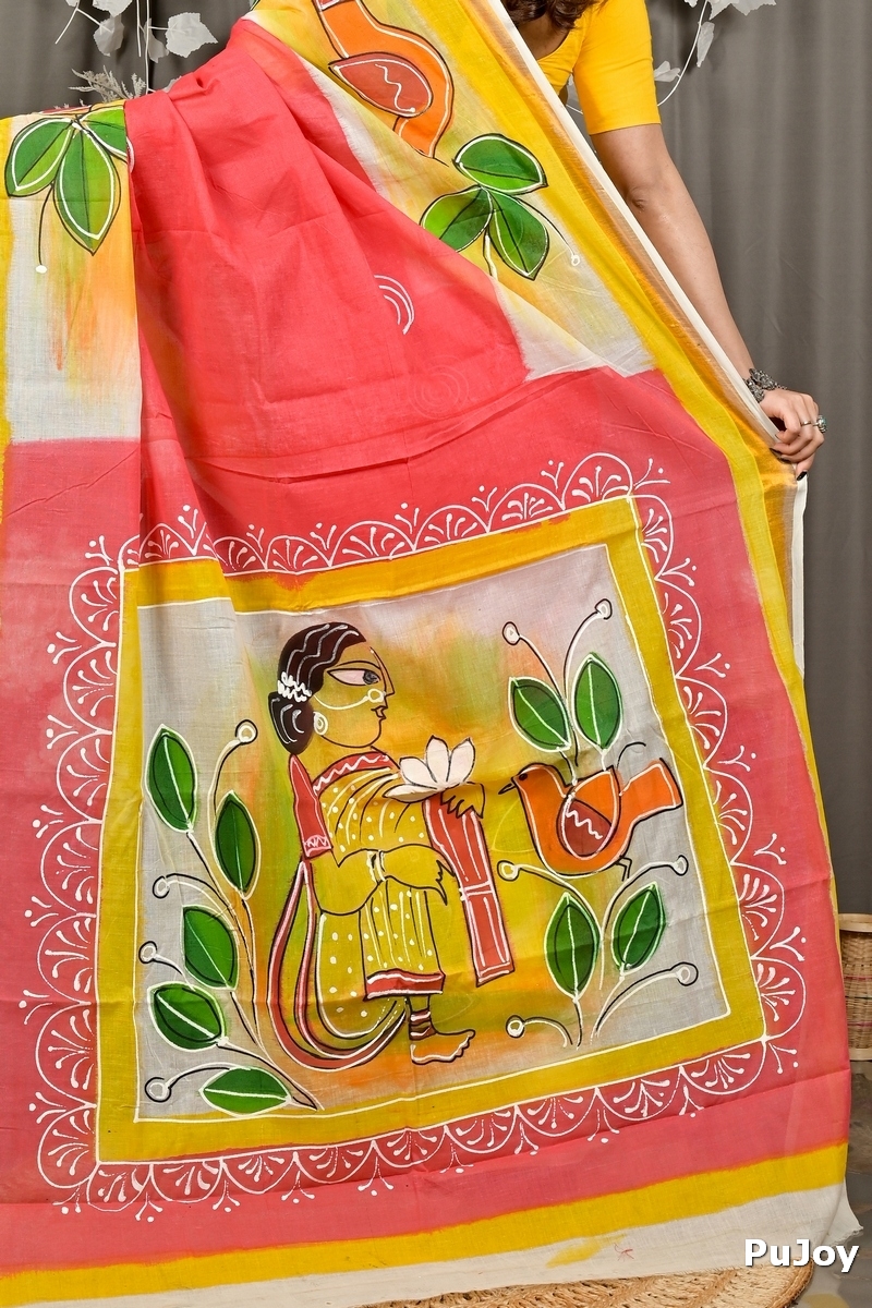 Orange Pure Cotton Hataka Hand Painted Saree (9088)