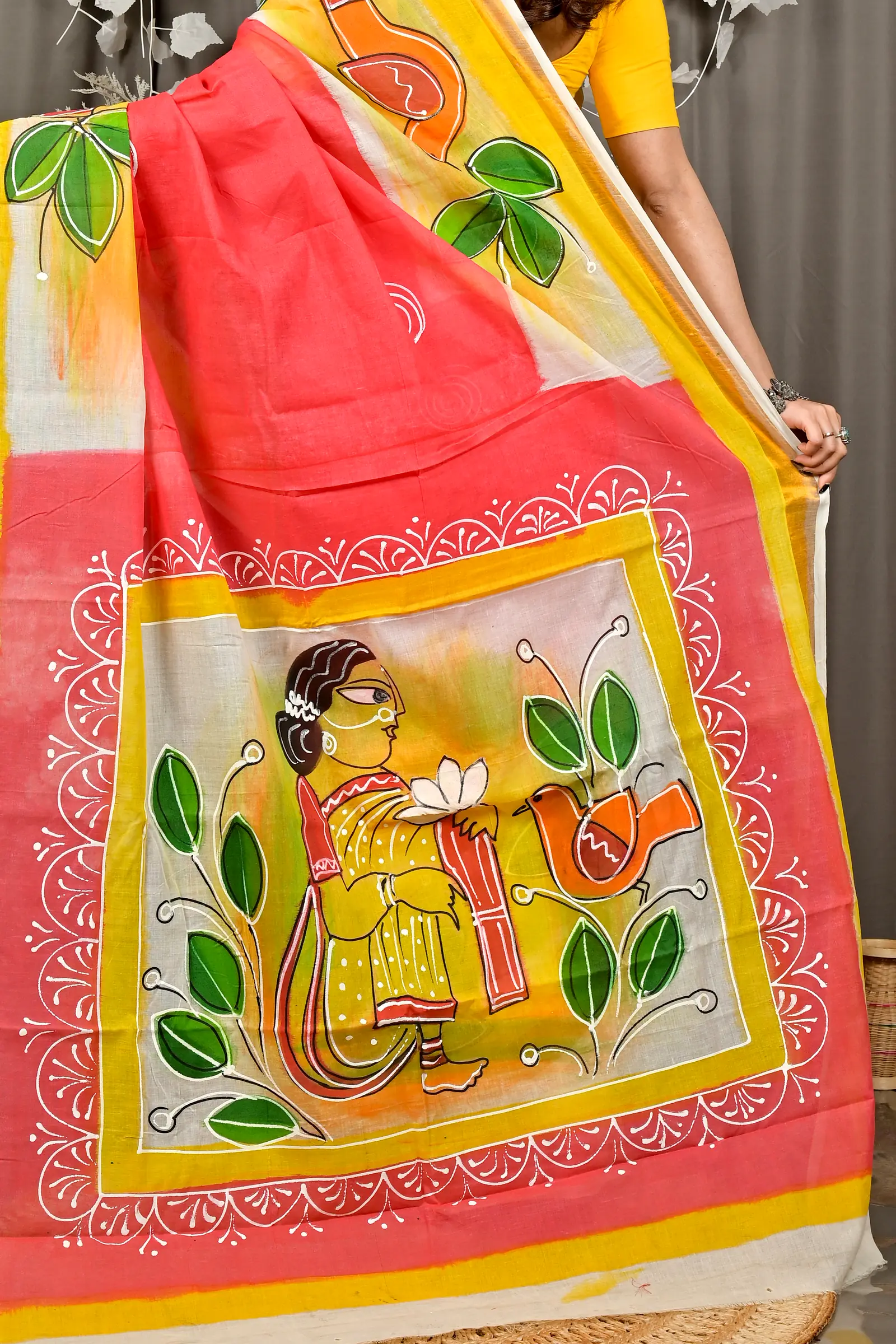Orange Pure Cotton Hataka Hand Painted Saree (9088)
