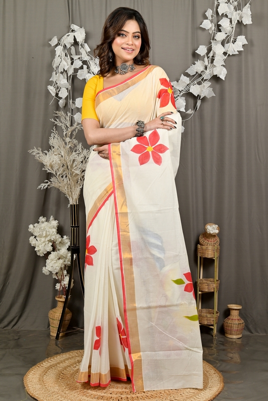 Multi-Coloured Pure Cotton Hataka Hand Painted Saree (9089)