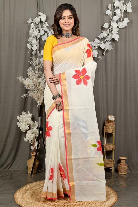 Multi-Coloured Pure Cotton Hataka Hand Painted Saree (9089)