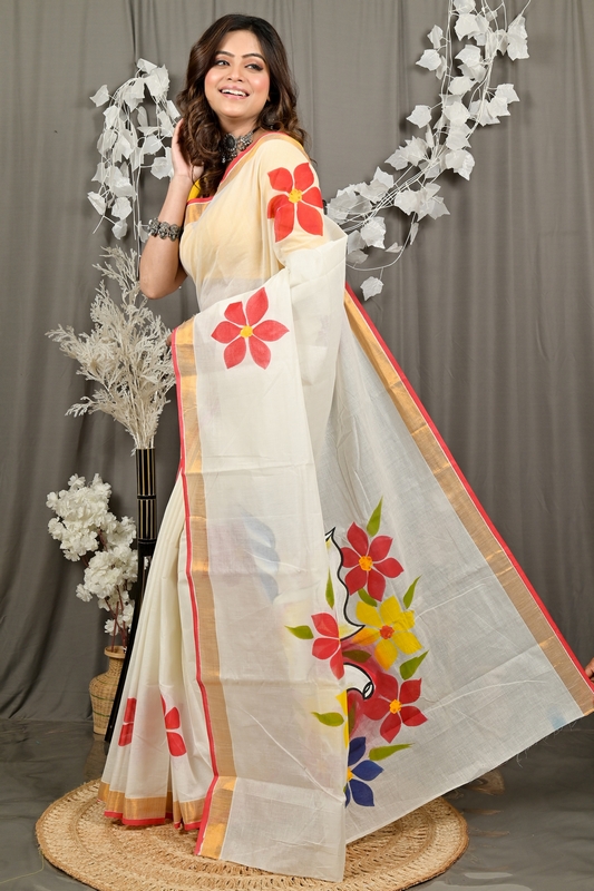 Multi-Coloured Pure Cotton Hataka Hand Painted Saree (9089)