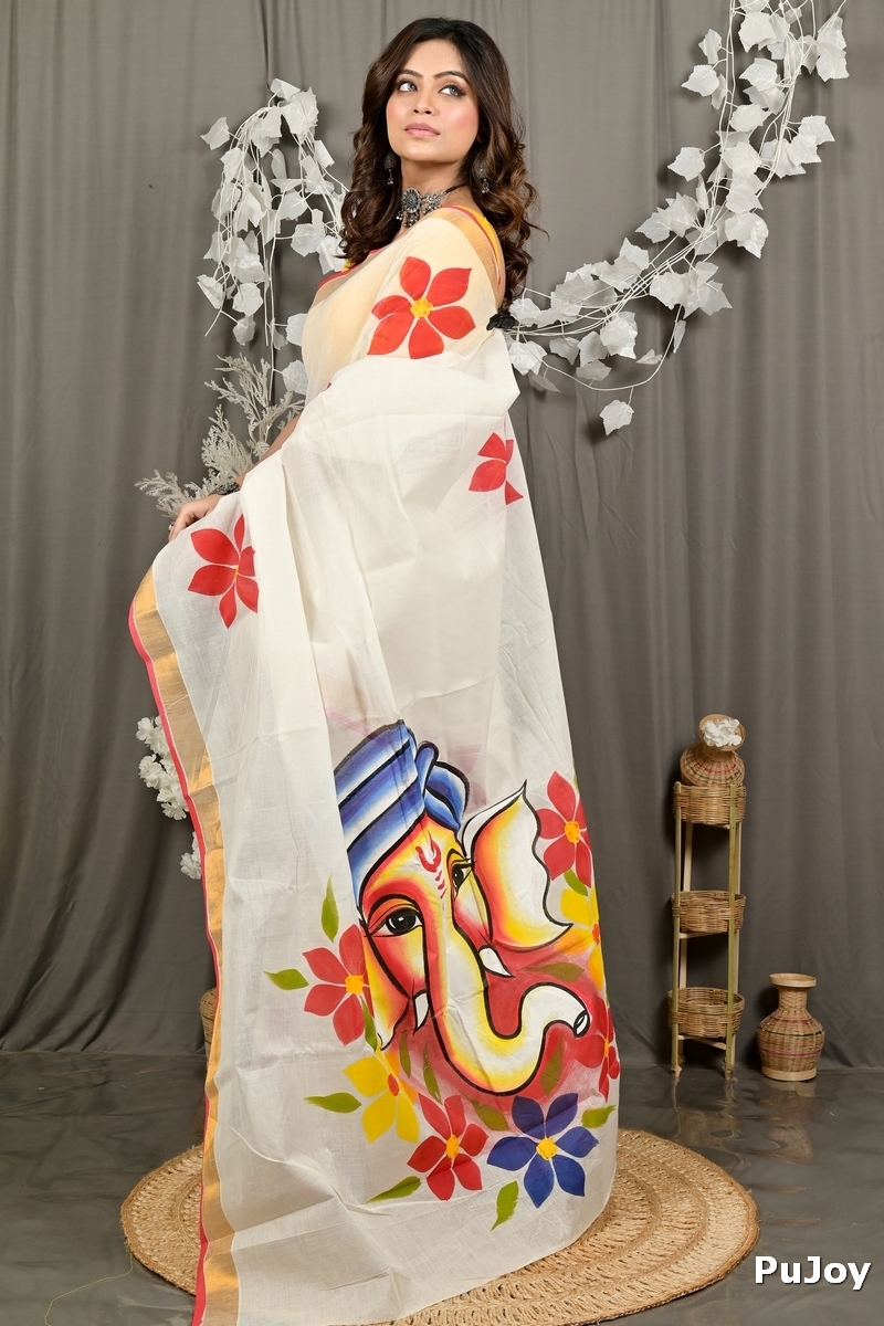 Multi-Coloured Pure Cotton Hataka Hand Painted Saree (9089)