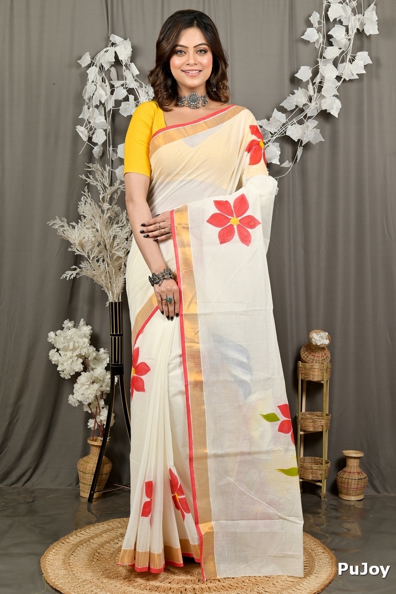 Multi-Coloured Pure Cotton Hataka Hand Painted Saree (9089)