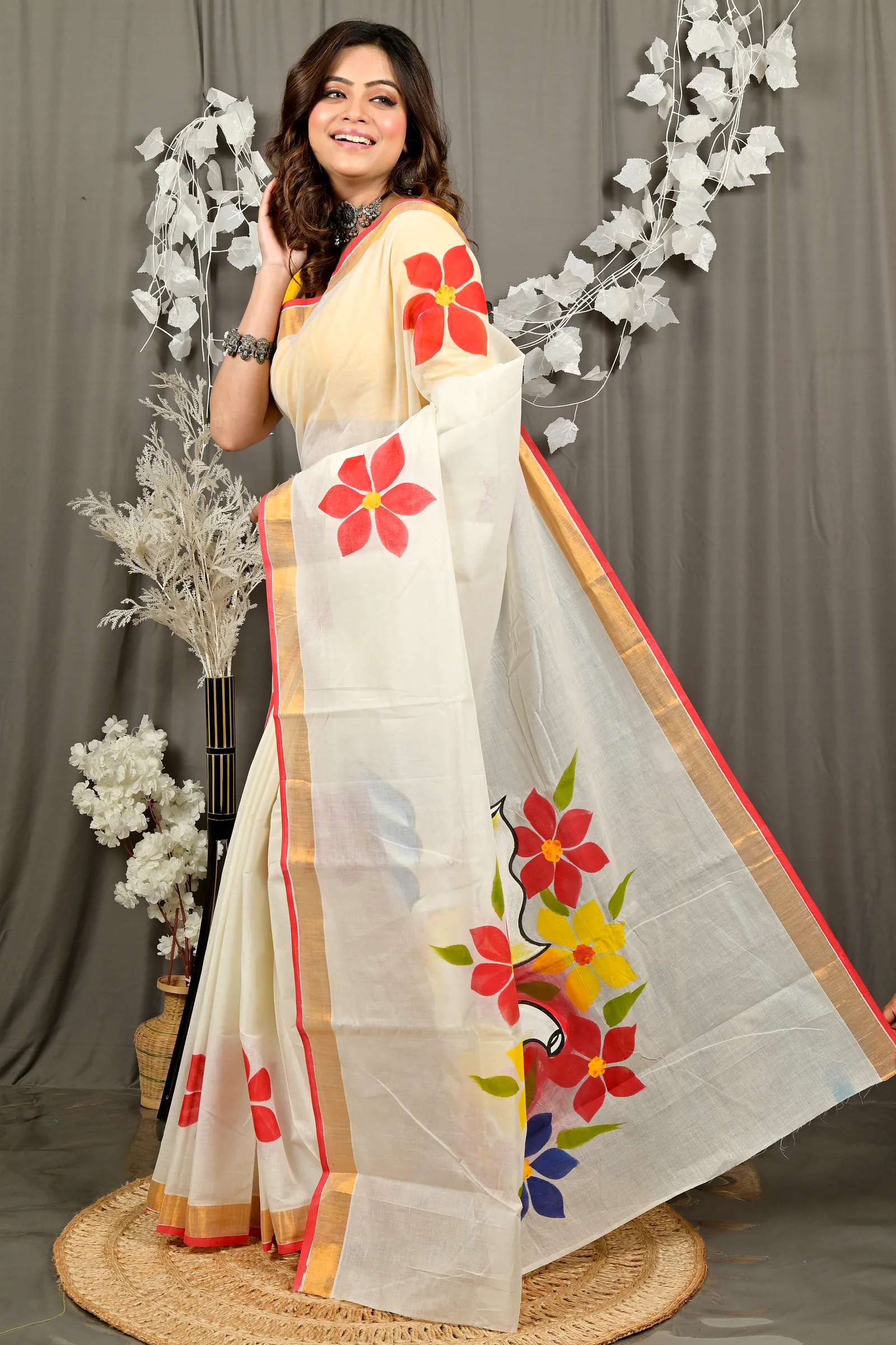 Multi-Coloured Pure Cotton Hataka Hand Painted Saree (9089)